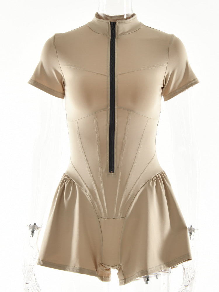 Short Sleeve Zip Front Rompers