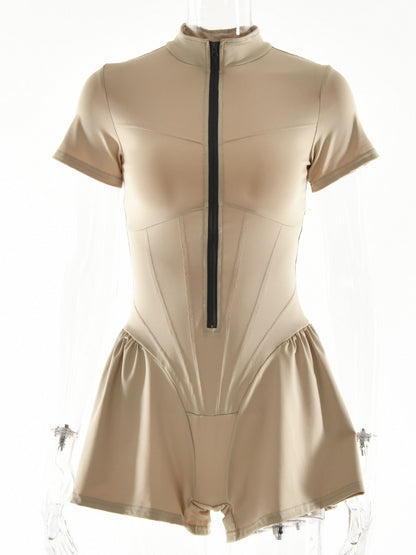 Short Sleeve Zip Front Rompers