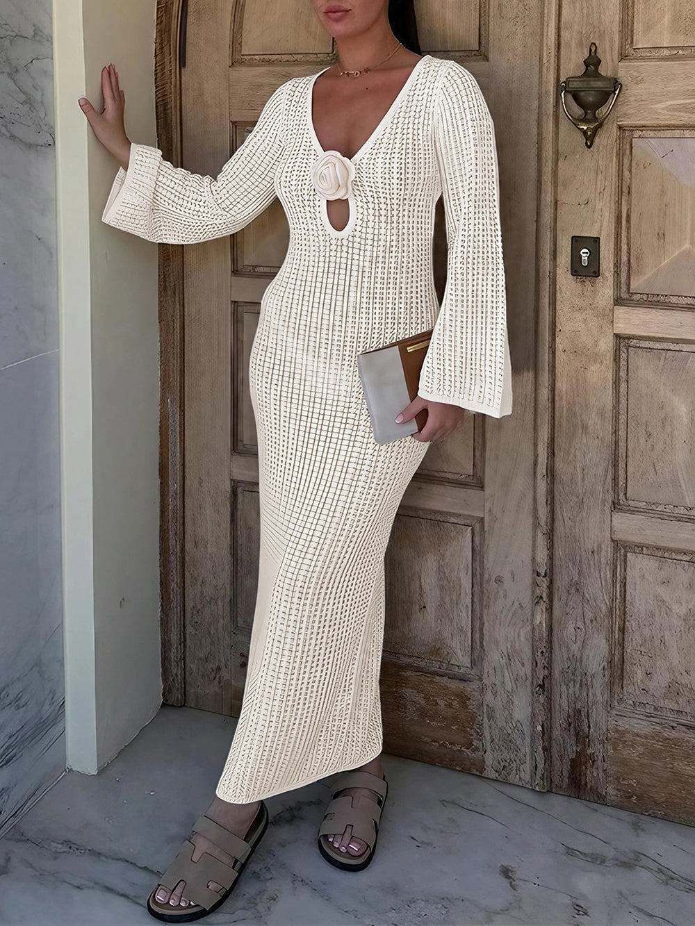 V Neck Backless Knit Beach Maxi Dress