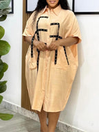 Studded Trim Oversized Shirt Midi Dress