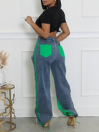 Stripe Patchwork Drawstring Denim Pants
