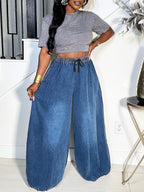 Drawstring Wide Leg Denim Pants