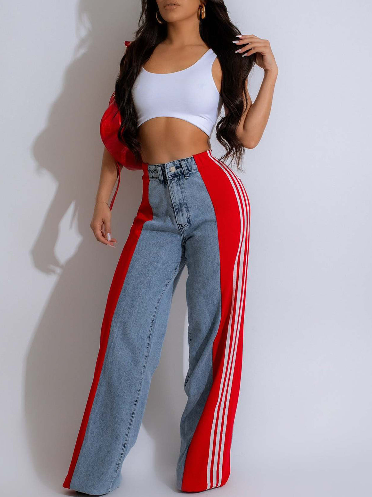 Patchwork Stripe Wide Leg Denim Pants