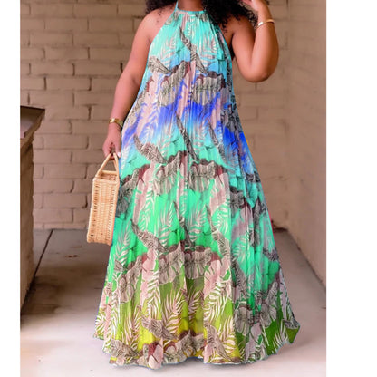 Plus Size Floral Print Halter Neck Maxi Dress
