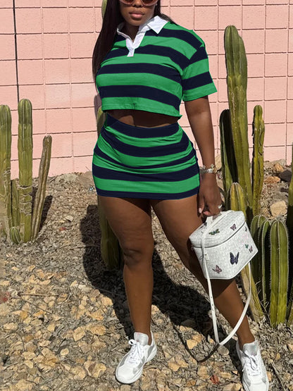 Striped Contrast Crop Top Skirt Set