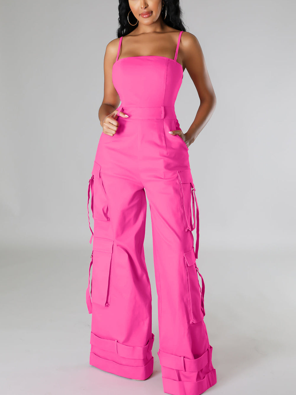 Spaghetti Strap Cargo Wide Leg Jumpsuit