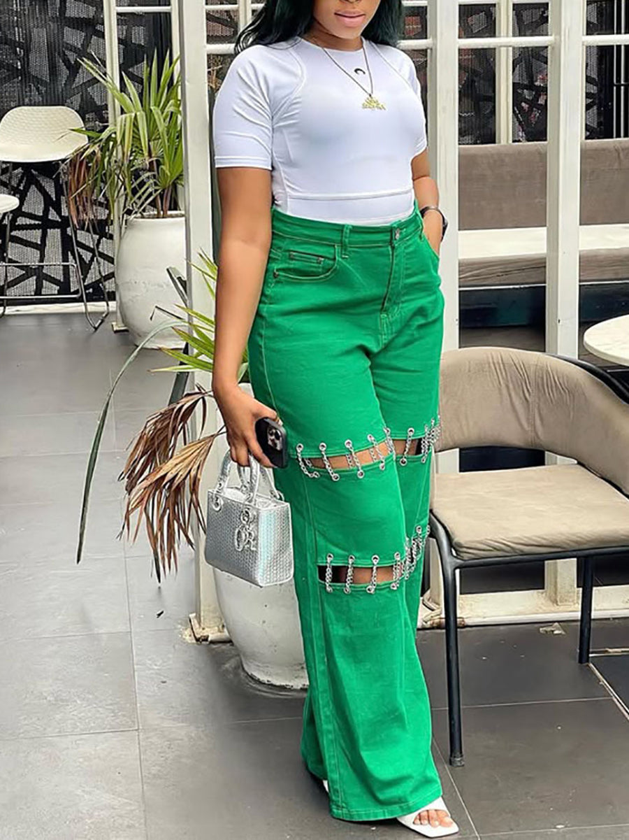 High Waist Distressed Chain Denim Pants