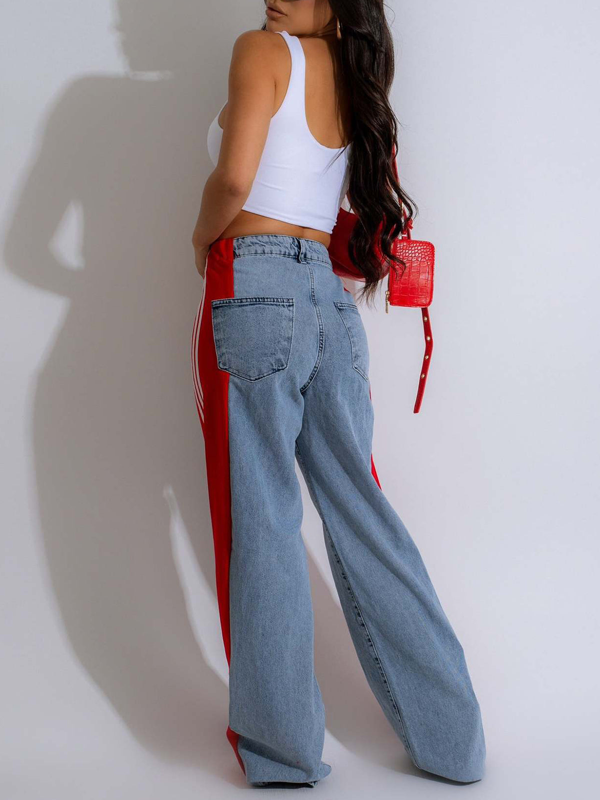 Patchwork Stripe Wide Leg Denim Pants