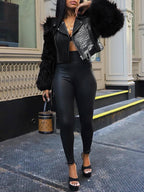 PU Leather Patchwork Moto Jacket