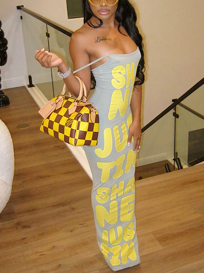 Spaghetti Strap Letter Print Tube Maxi Dress