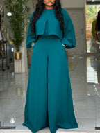 Plus Size Lantern Sleeve Wide Leg Pants Set