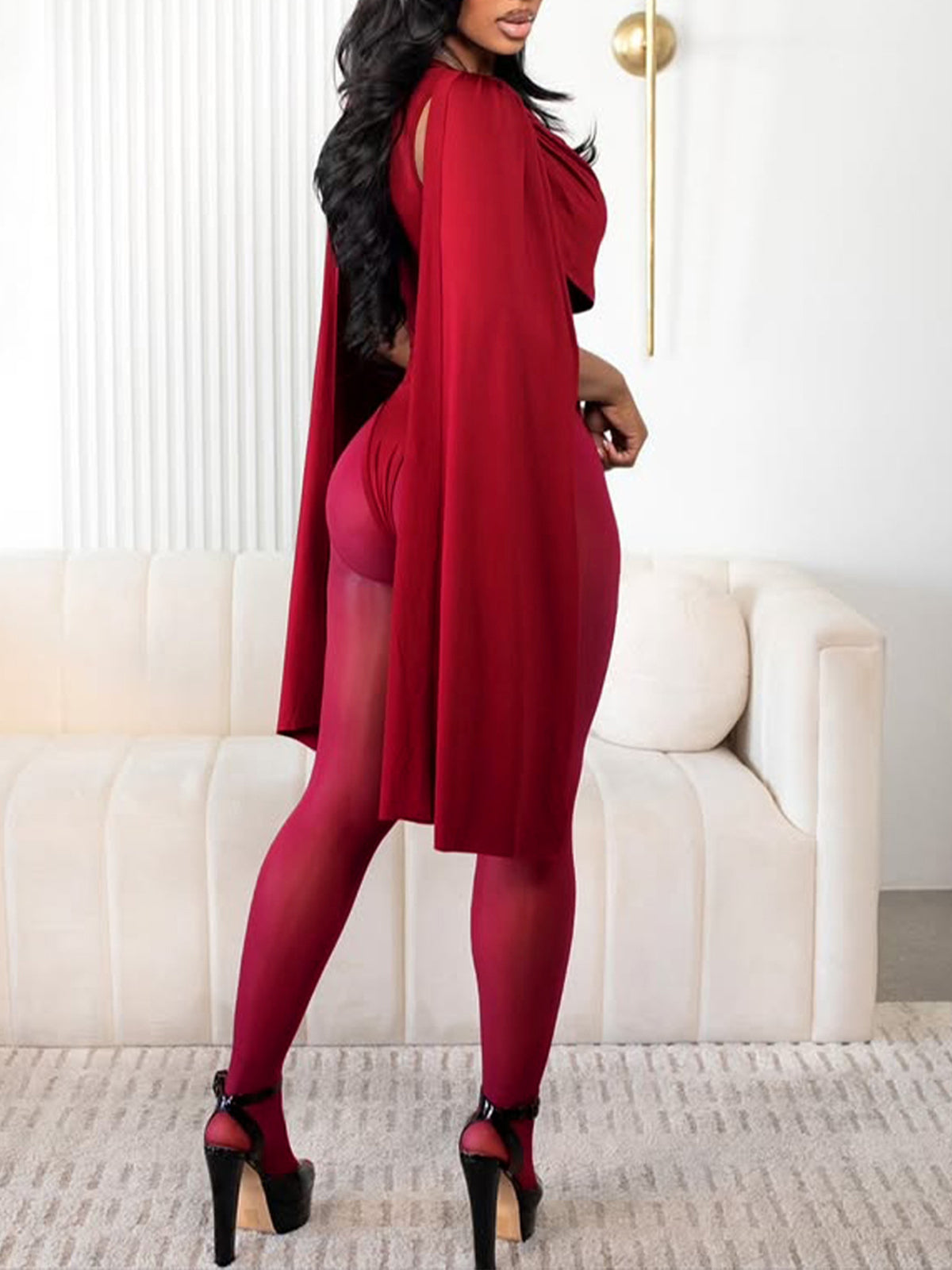 Draped Round Neck Cape Sleeve Romper