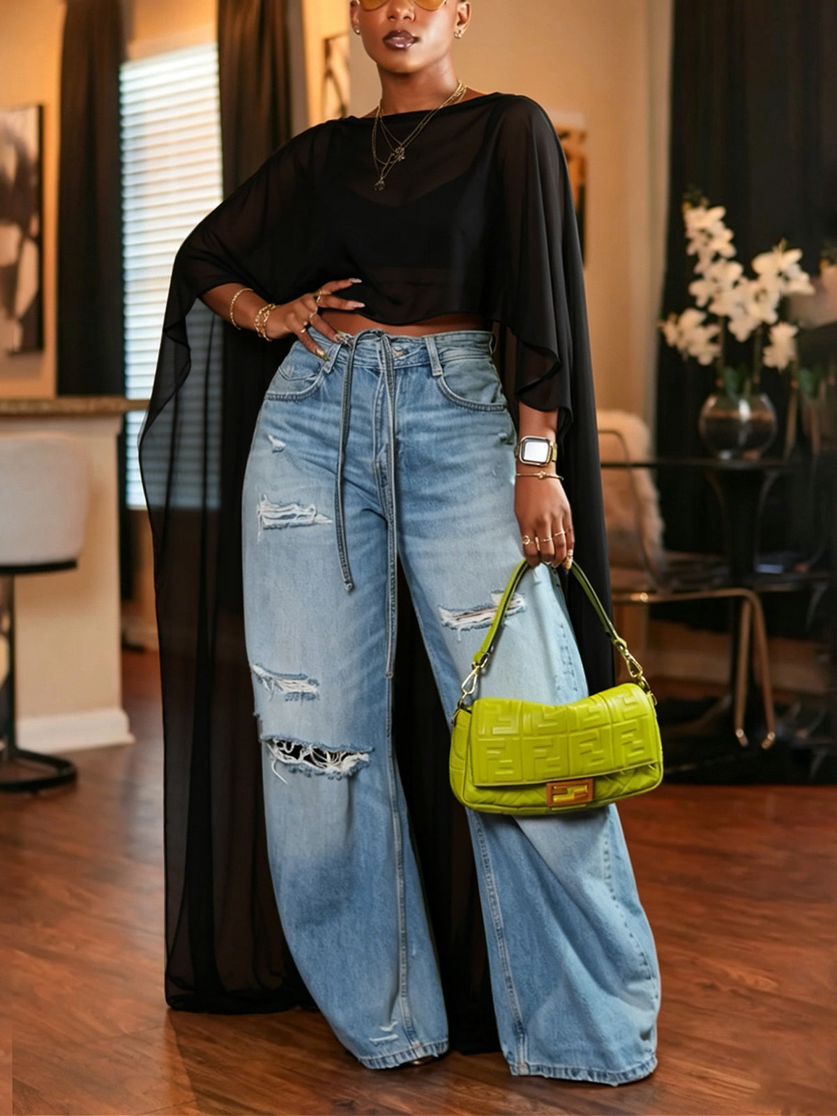 Mesh Batwing Sleeve Cloak Top