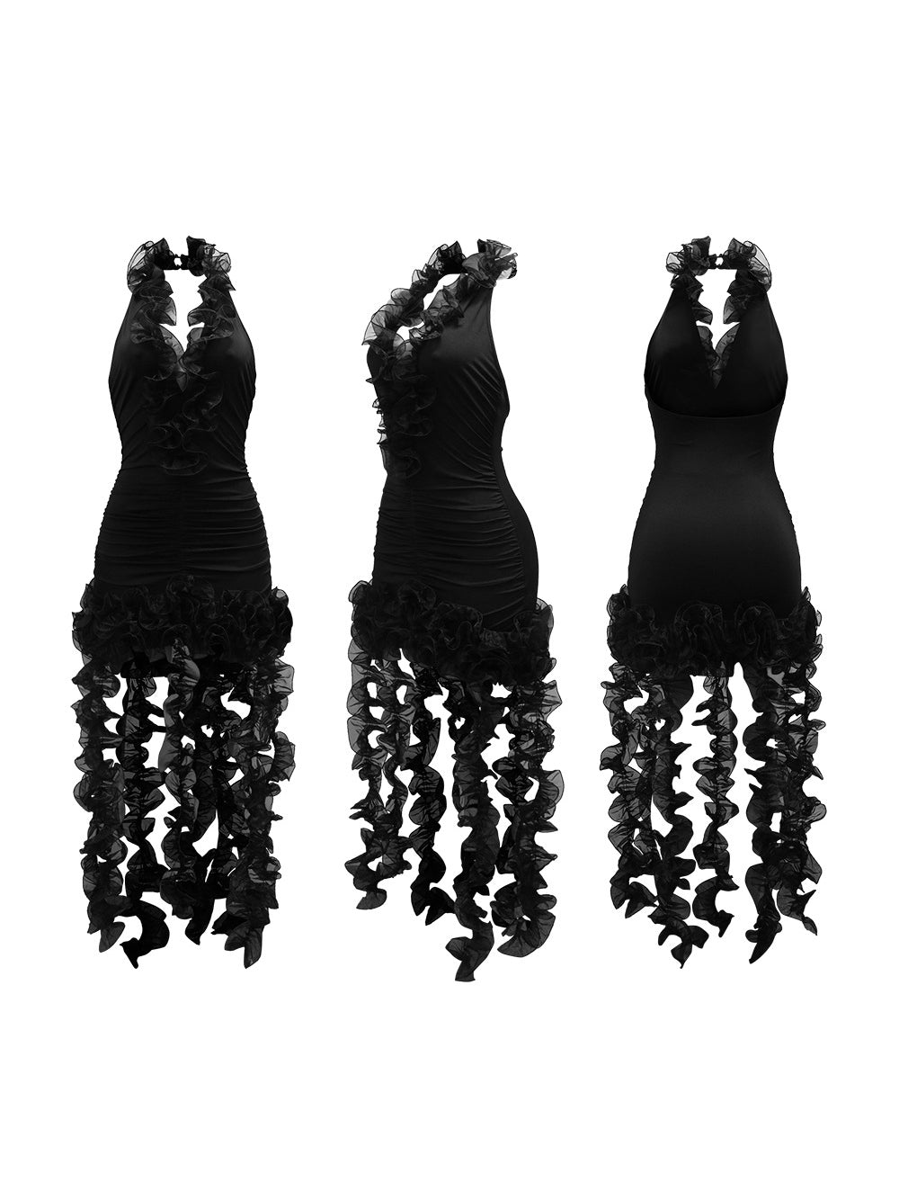 Halter Fringe Ruffle Hem Dress