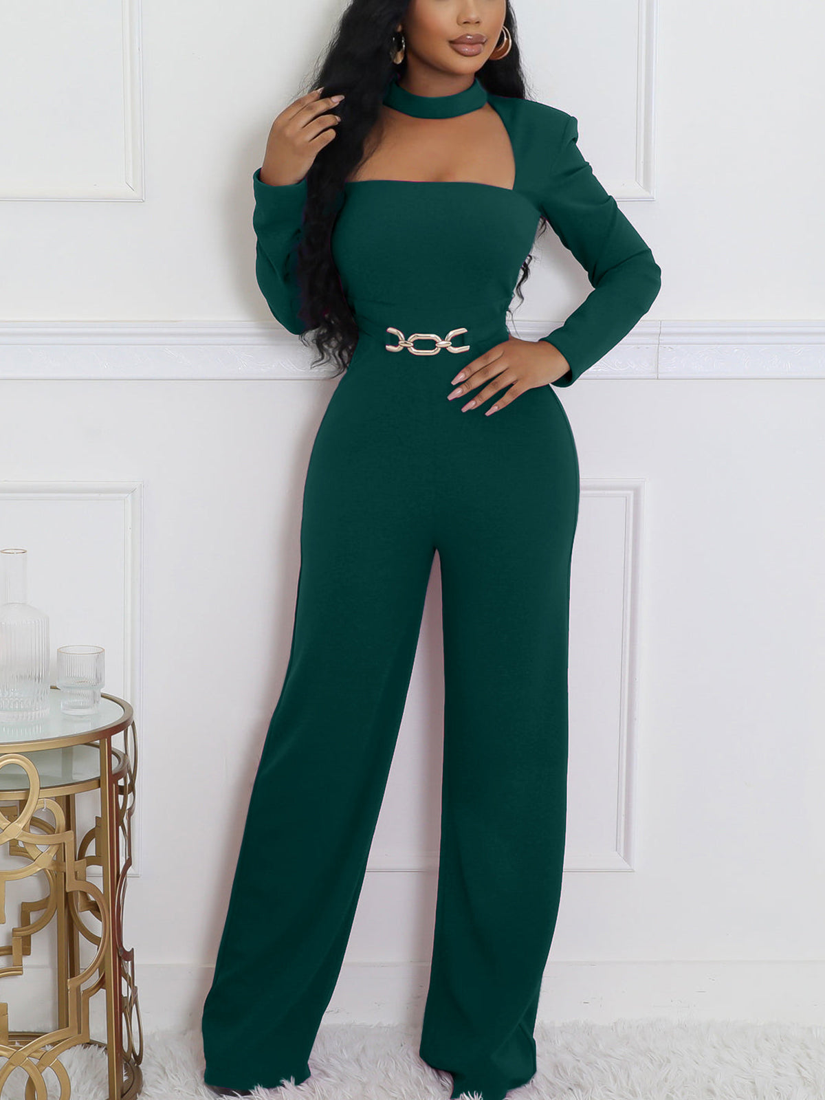 Long Sleeve Choker Waist Chain Jumpsuit