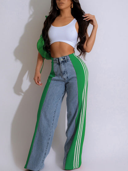 Patchwork Stripe Wide Leg Denim Pants