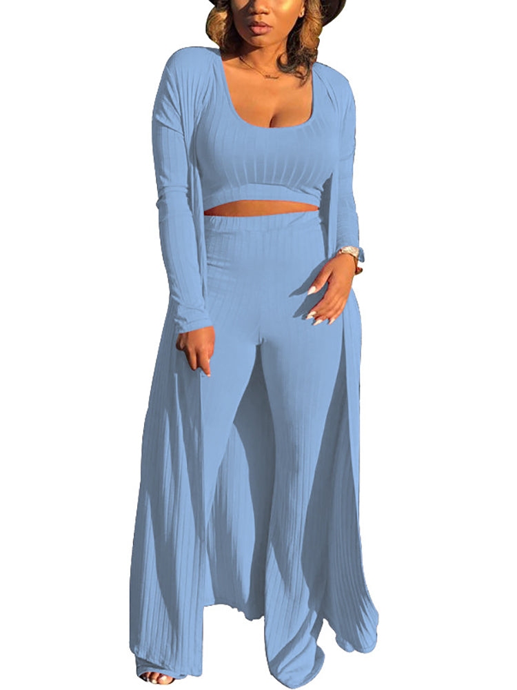 Conjunto de tres piezas Crop Top+Cárdigan largo tipo kimono+Pantalones