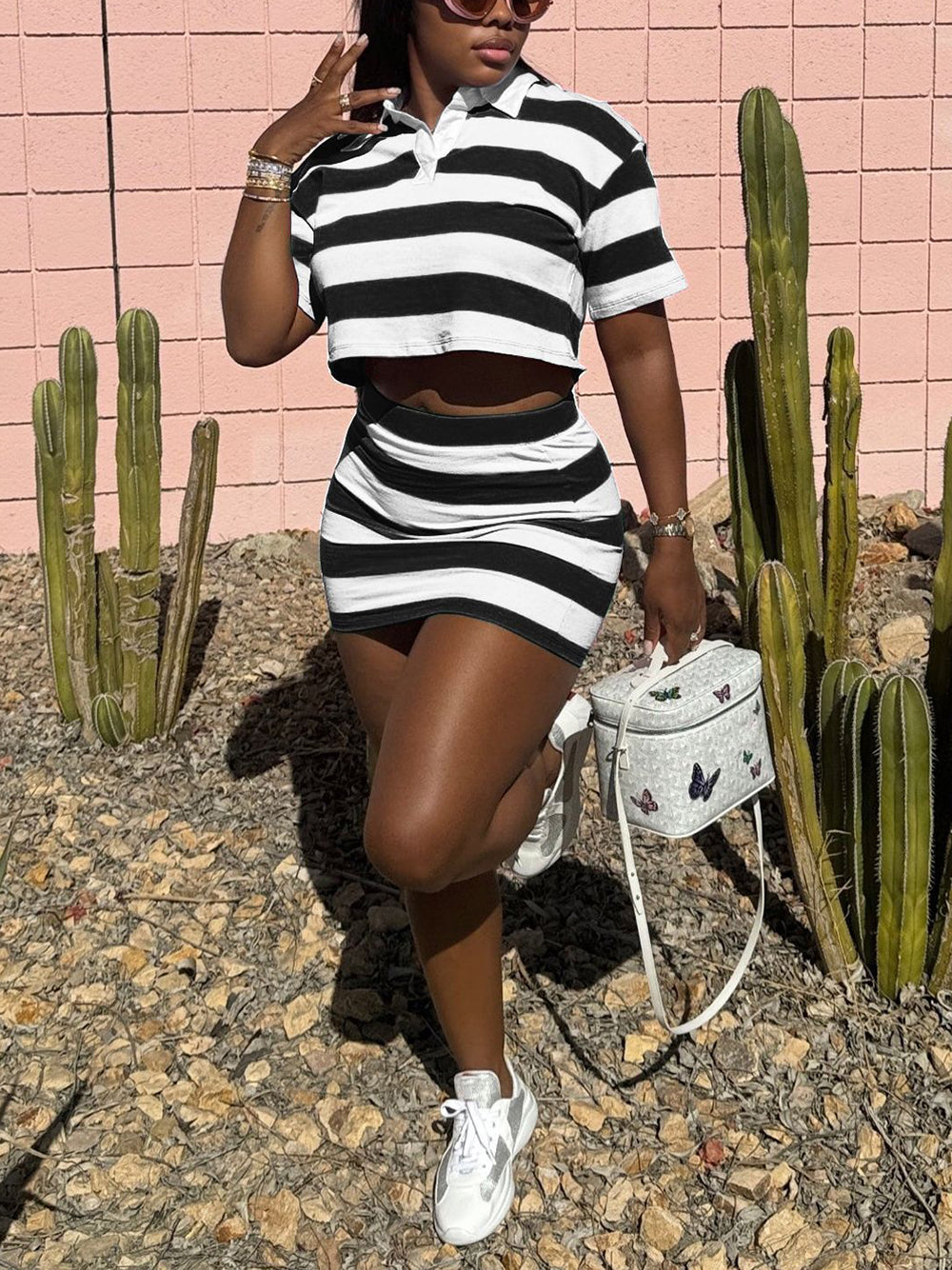 Striped Contrast Crop Top Skirt Set