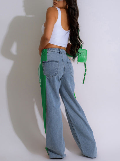 Patchwork Stripe Wide Leg Denim Pants