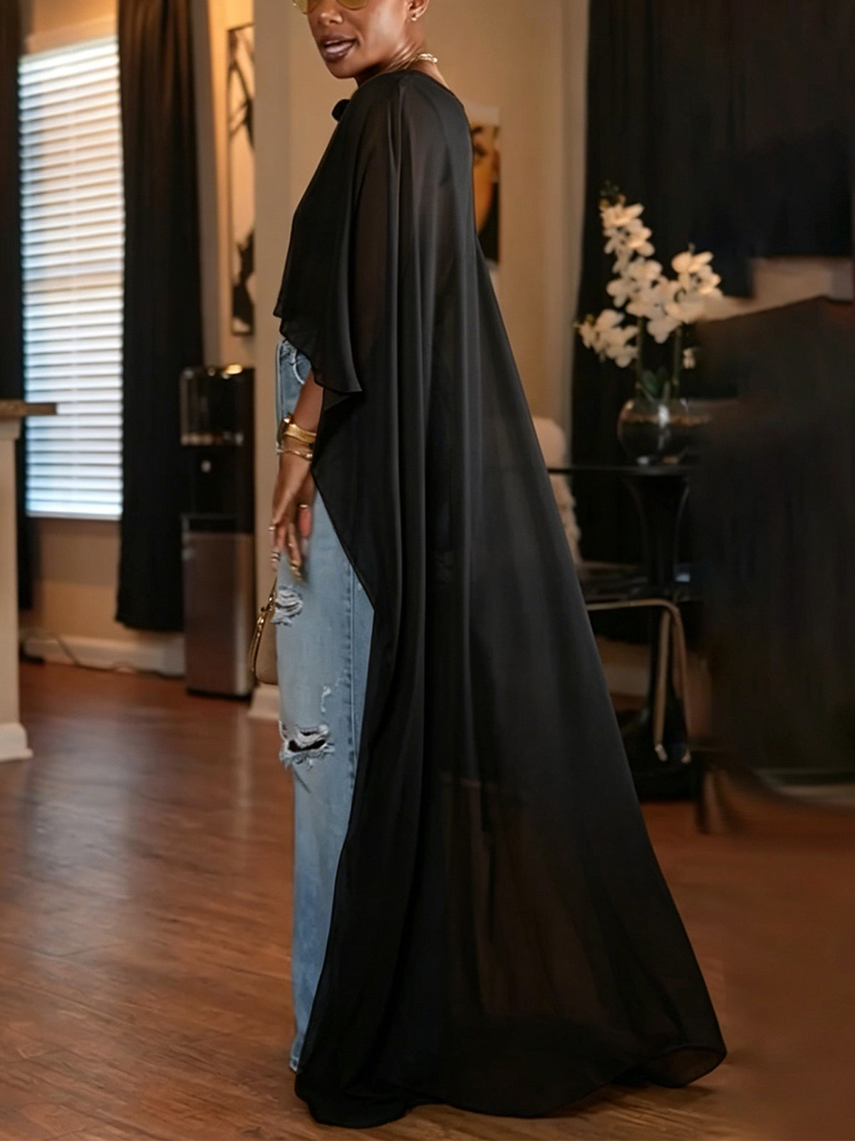Mesh Batwing Sleeve Cloak Top