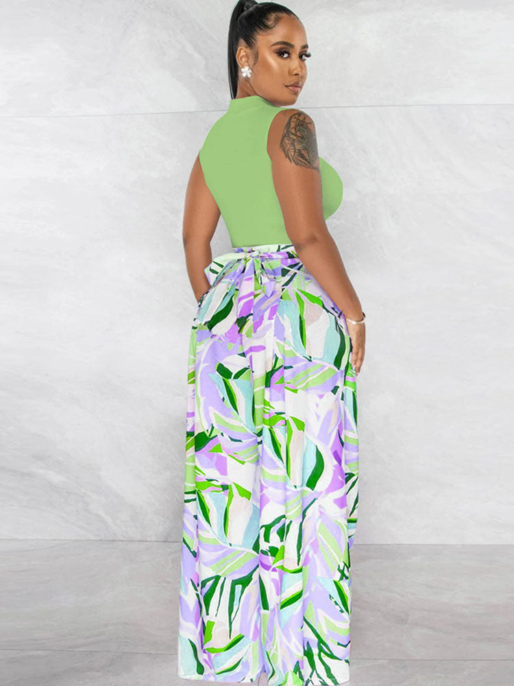 Tops cortos de dos piezas Pantalones largos con estampado floral