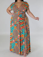 Plus Size Floral Print Split Maxi Dress