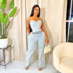 Conjunto de pantalón largo y top corto sin tirantes de mezclilla