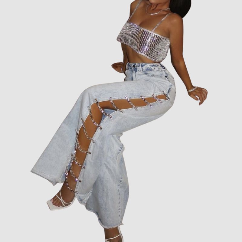 Chain Embellished Hollow-out Jeans