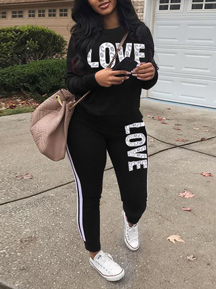 Two-Piece Casual Letter Leopard Print Pants Set
