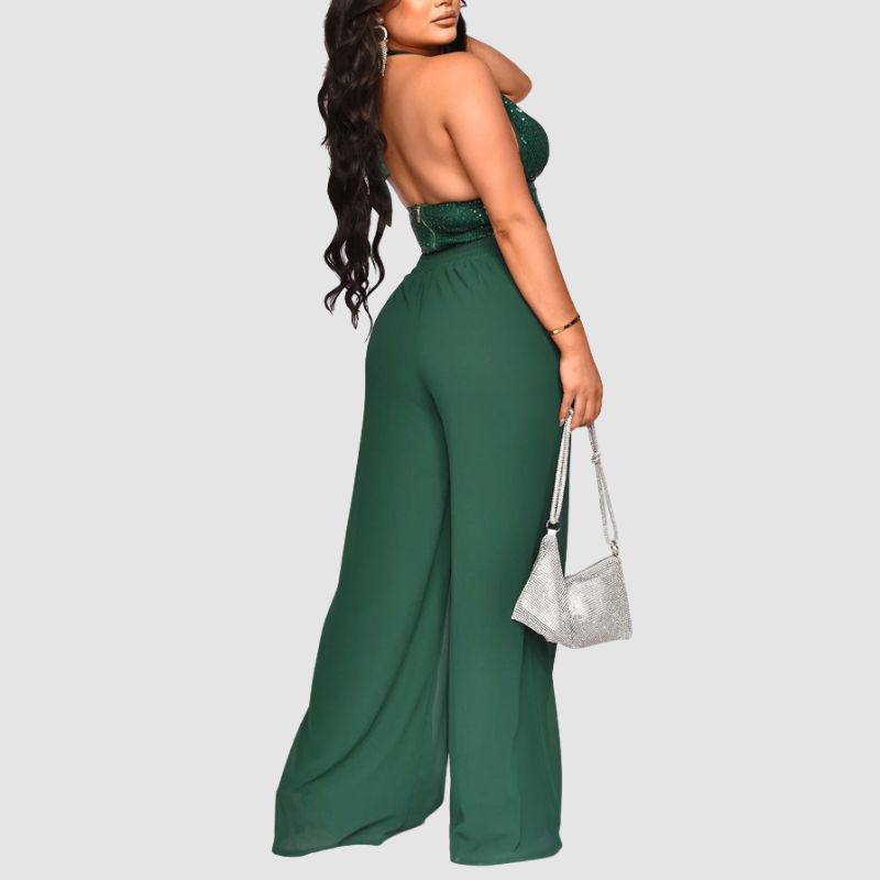 Conjunto de chaleco halter con lentejuelas y pantalones rectos de cintura alta