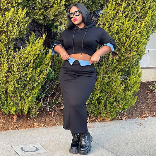 Conjunto de falda con capucha y patchwork de mezclilla