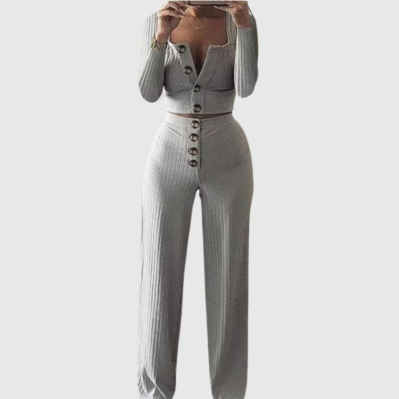 Conjunto de pantalón de pierna ancha y top con cuello cuadrado abotonado