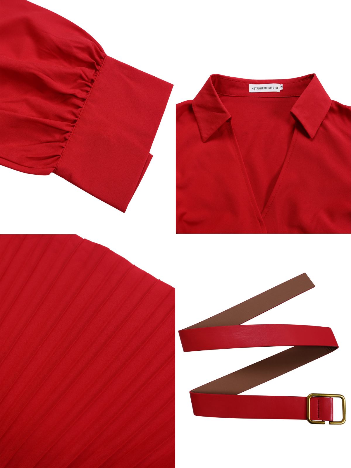 Vestido plisado con cuello en V de color liso con cinturón 