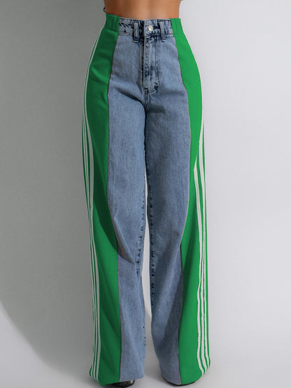 Patchwork Stripe Wide Leg Denim Pants