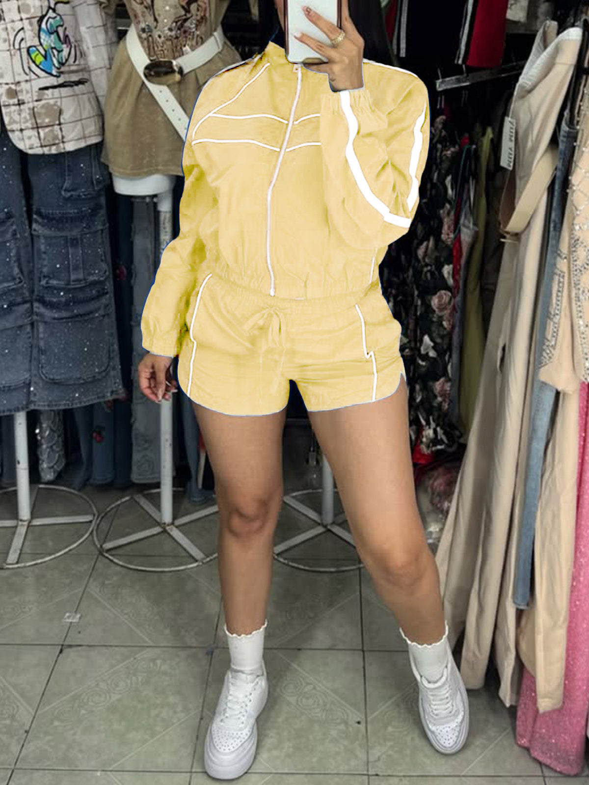 Zipper Colorblock Long Sleeve Shorts Set