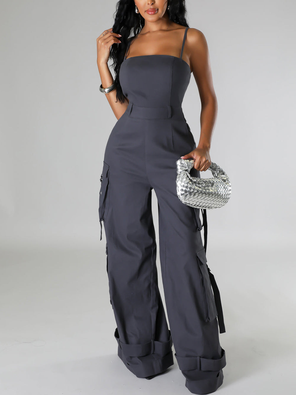 Spaghetti Strap Cargo Wide Leg Jumpsuit