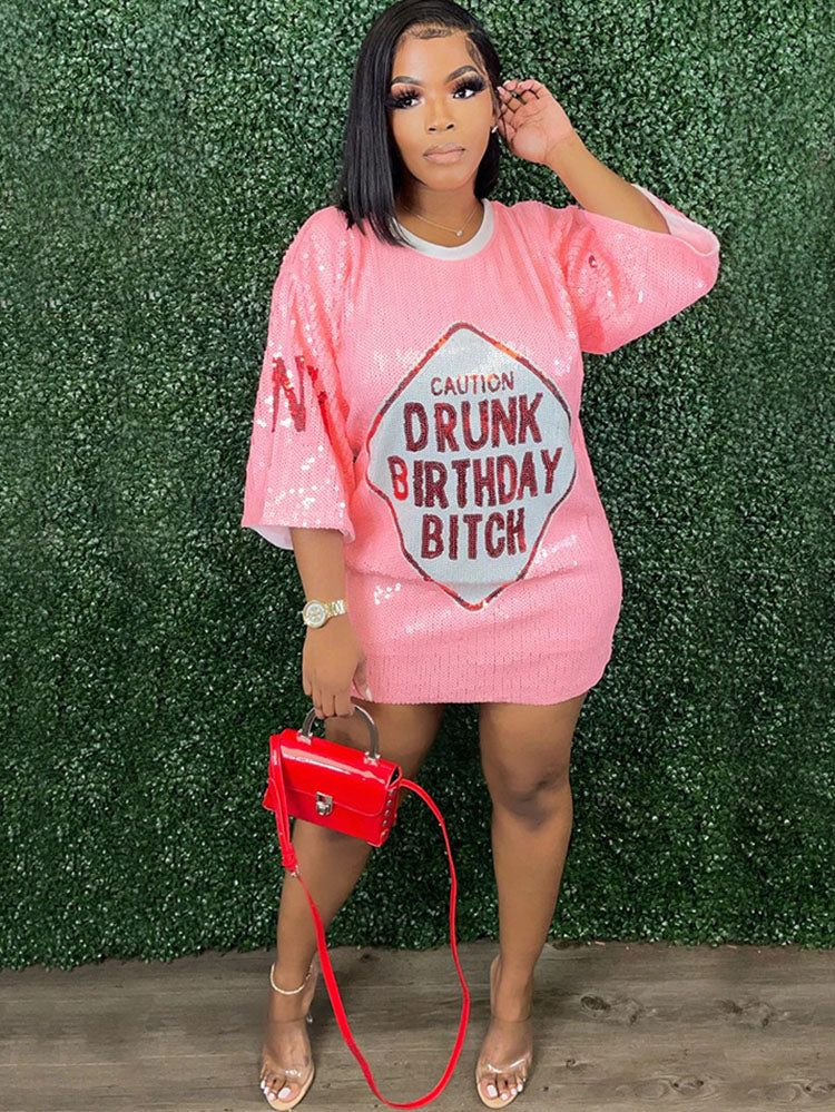 Short Sleeves Print Sequins Mini Dress