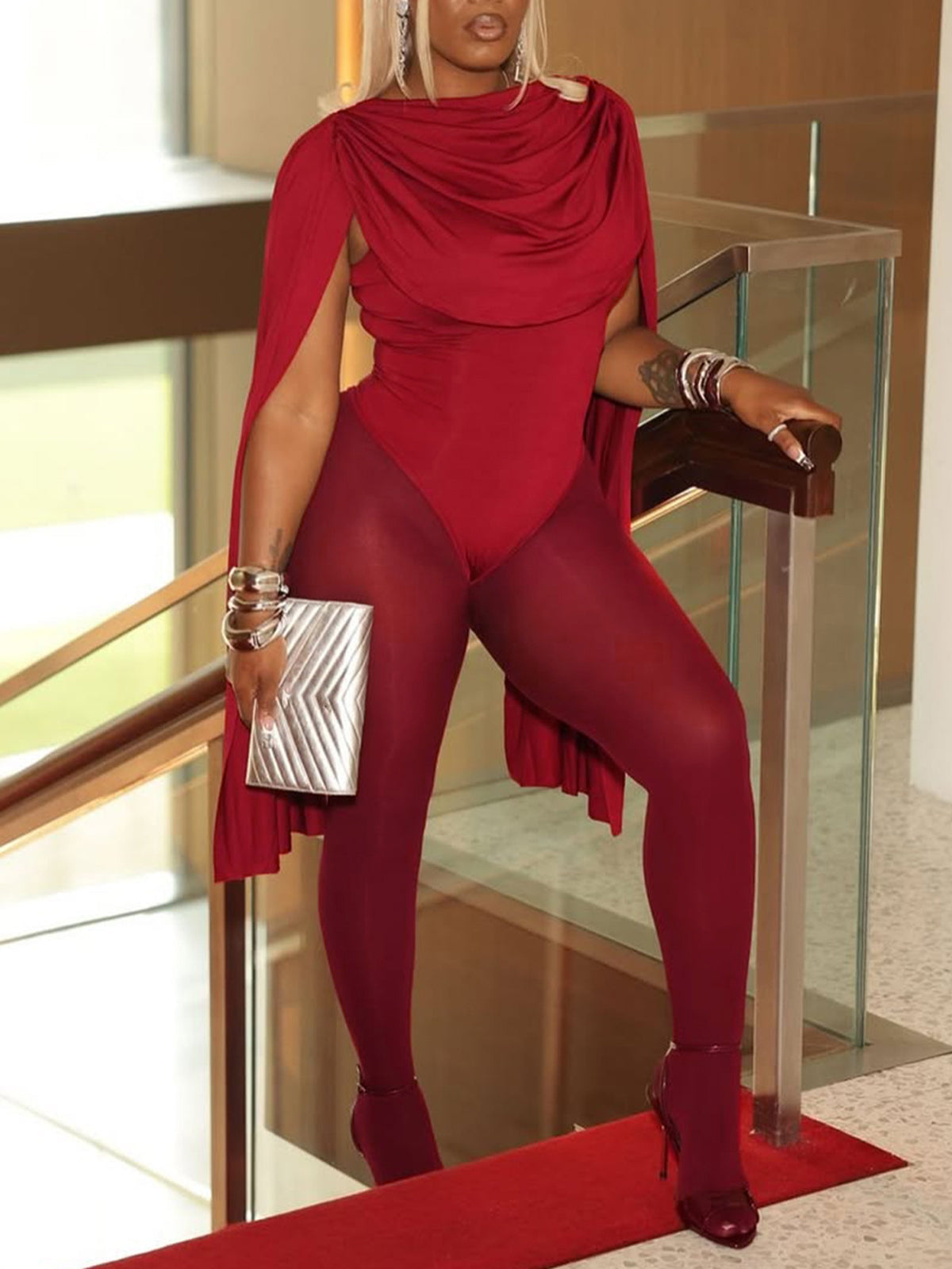 Draped Round Neck Cape Sleeve Romper