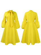 Puff Sleeve Bow-Tie Neck Flared Midi Dress