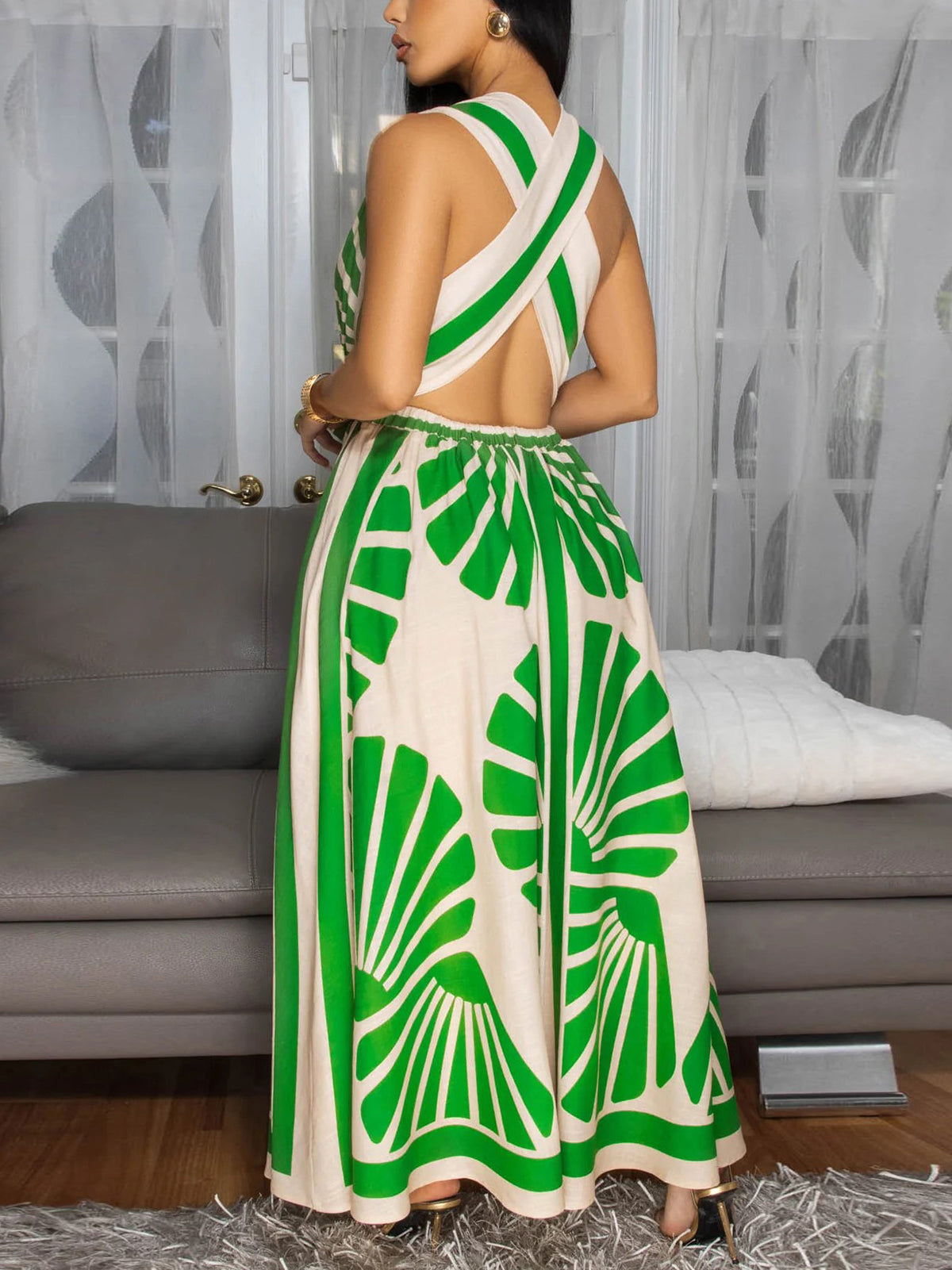 Boho Print Cross Back Maxi Dress