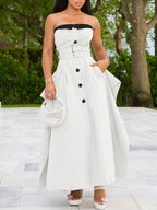 Strapless Button Front Belted A-Line Maxi Dress