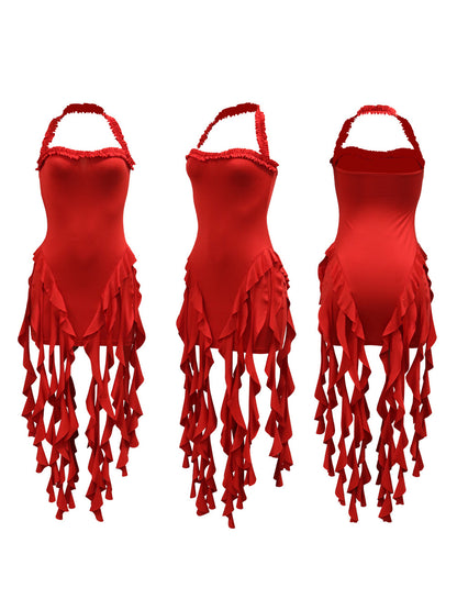 Ruffle Fringe Halter Mini Dress