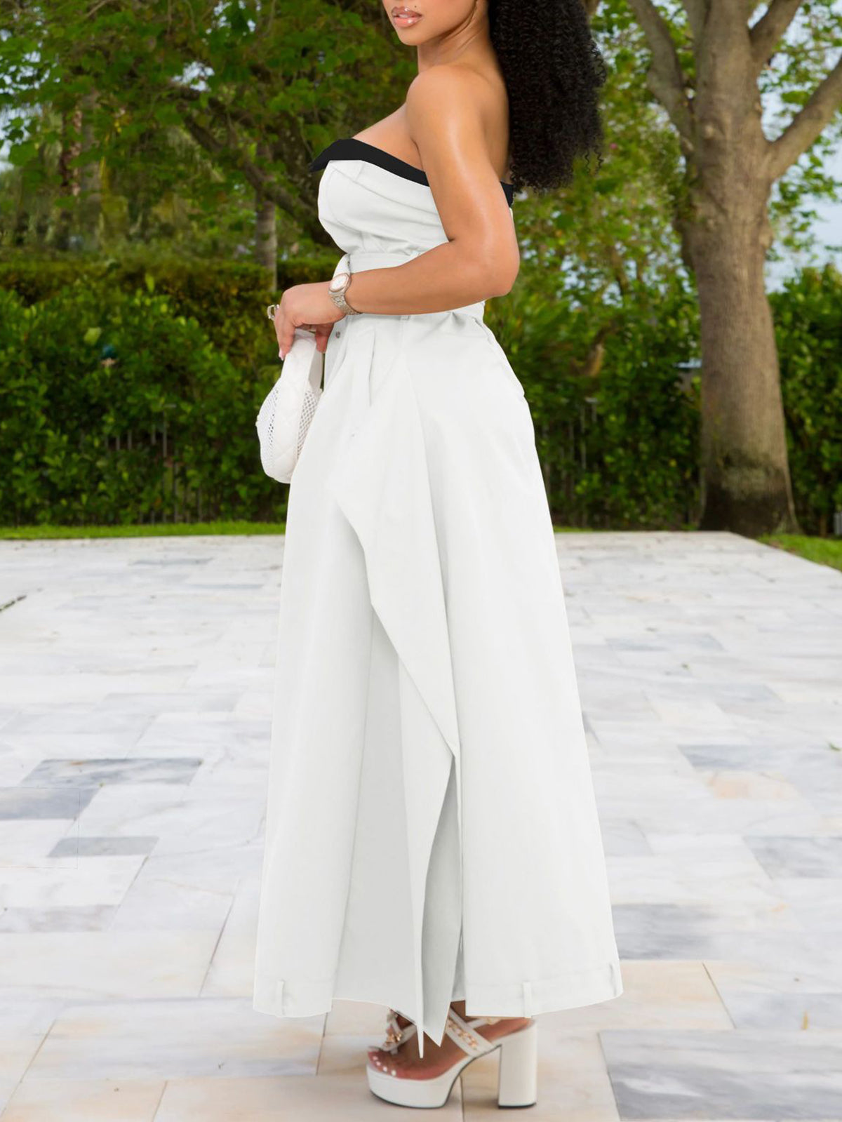 Strapless Button Front Belted A-Line Maxi Dress