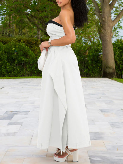 Strapless Button Front Belted A-Line Maxi Dress