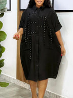 Studded Trim Oversized Shirt Midi Dress
