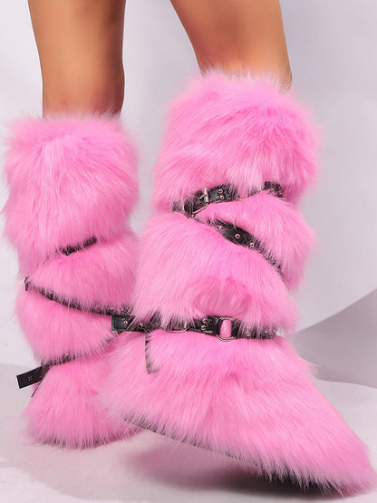Y2K Faux Fur Cross Strap Buckle Boots