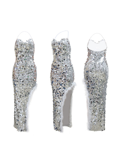 Sequin Halter Backless Feather Trim Dress