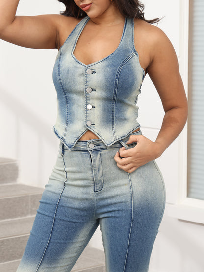 Halter Top Flare Denim Jeans Sets