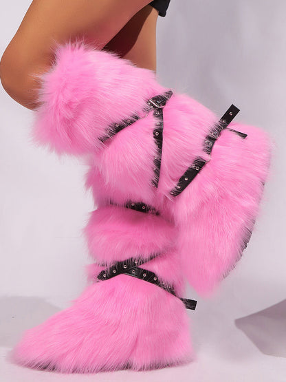 Y2K Faux Fur Cross Strap Buckle Boots