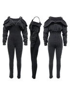 Off Shoulder Long Sleeve Ribbed Jumpsuit